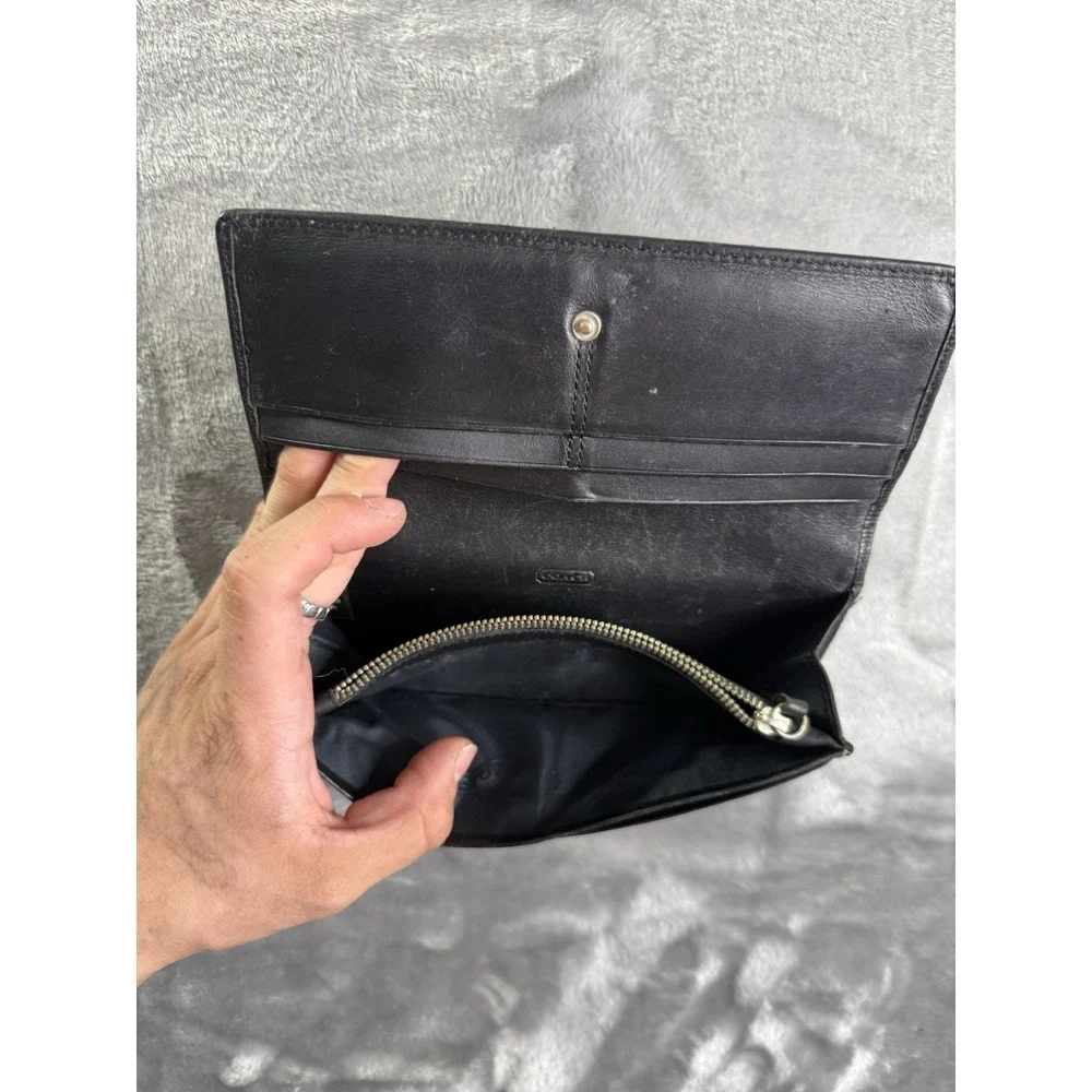 Coach Black Signature Jacquard Fabric & Leather Trim Checkbook Trifold Wallet
